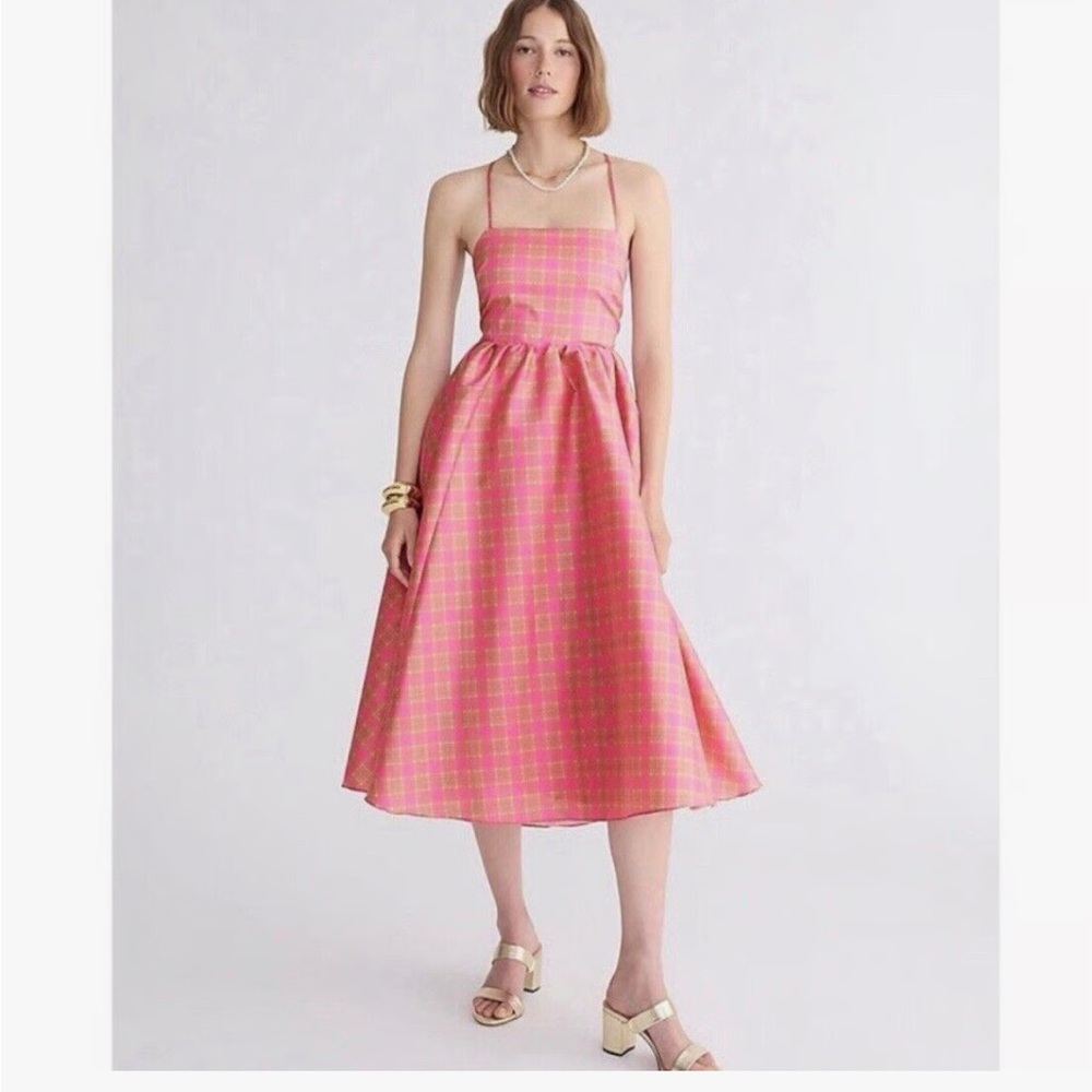 NWT J. Crew Collection squareneck stretch taffeta dress in sunset plaid